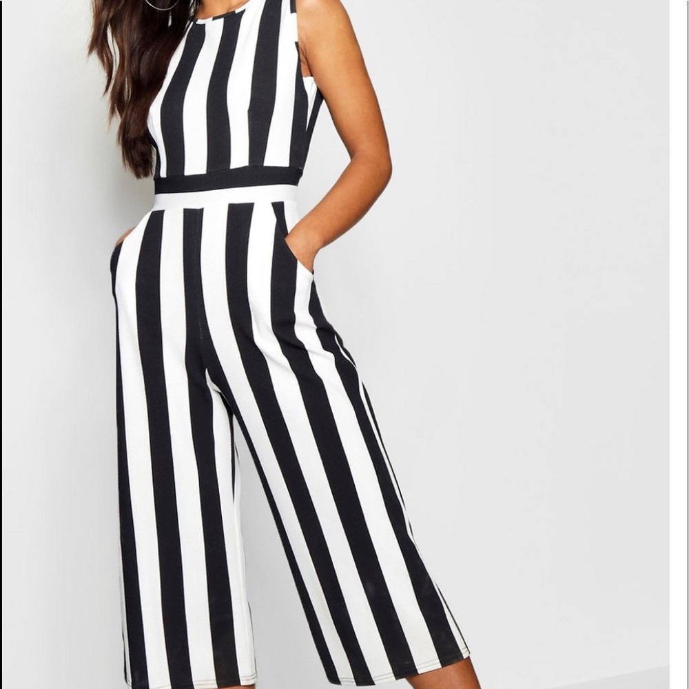 Monochrome High Neck Striped Jumpsuit